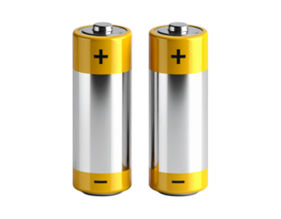 Realistic Yellow and Silver AA Batteries, Front View, isolated on transparent background.