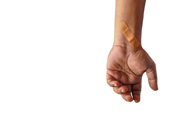 Close-Up of Hand with Bandage Displaying Wound Care on White Background