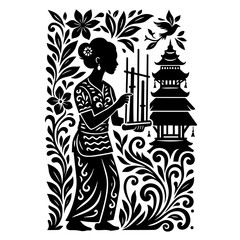Naklejka premium East Asian Woman in Traditional Dress with Pagoda — Ornamental Floral Woodcut Style, Black & White Vector