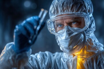 Scientist in protective suit holding test tube, looking at chemical experiment in laboratory