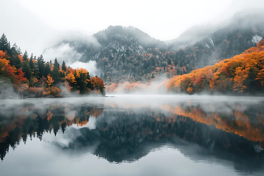 A majestic mountain lake reflecting vibrant autumn foliage, serene and atmospheric, AI-generated