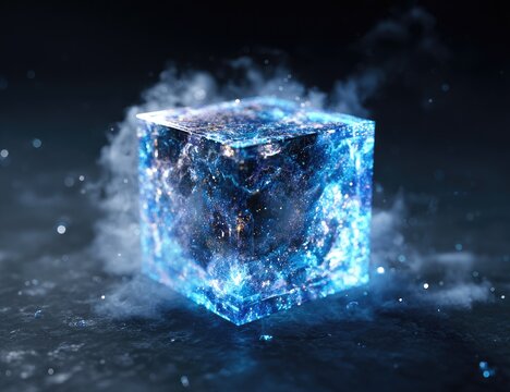 A luminous blue cube, seemingly made of ice and energy, sits on a dark surface, emitting swirling vapor and sparks