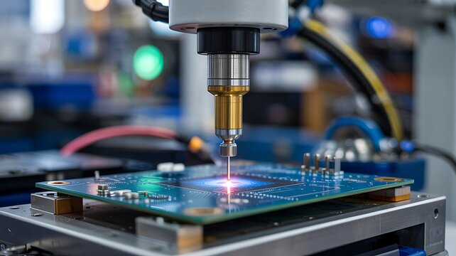 Automated robotic arm precisely soldering a complex electronic circuit board with a fine tip in a modern manufacturing facility - Powered by Adobe