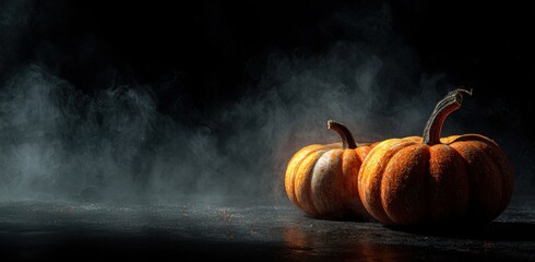 Beautifully Detailed Pumpkins on a Dark Background with a Mysterious Smoky Atmosphere Perfect for Autumn and Halloween Decor