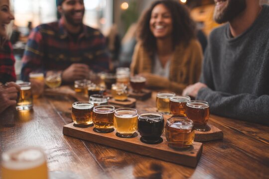 A group of friends seated at a wooden table with craft beer flights They compare flavors and laugh together The mood feels casual and social