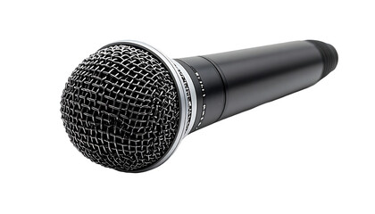 Sleek black dynamic microphone, angled slightly, featuring a metallic mesh grille and cylindrical body