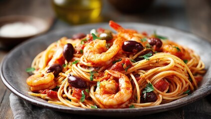 Shrimp and olive spaghetti dish on plate
