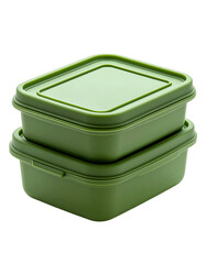 Two olive-green rectangular plastic food containers stacked, with slightly raised edges and fitted lids