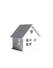 A small, white, simple house model with a gray roof, heart detail, and small windows; rendered against a black background