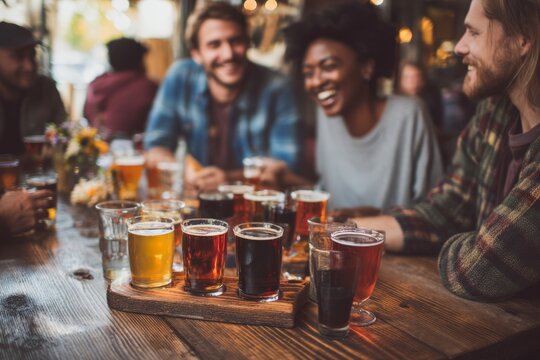 A group of friends seated at a wooden table with craft beer flights They compare flavors and laugh together The mood feels casual and social