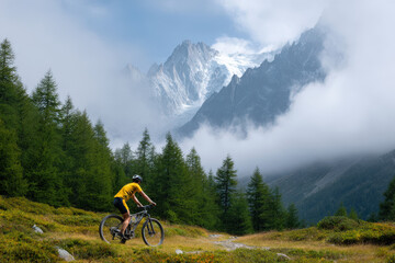 cyclist navigating through stunning mountain landscapes enhanced by augmented reality speed metrics and route