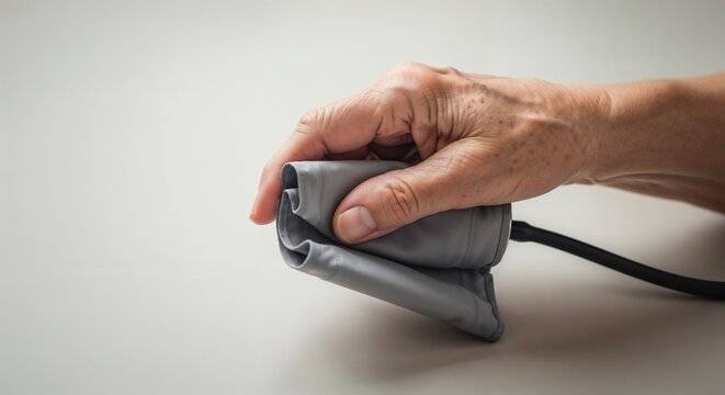 Elderly Hand Holding Blood Pressure Monitor in a Soft Focus Background for Health Awareness, Medical Blogs, Senior Care Websites, and Educational Content