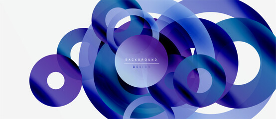 Abstract design features overlapping blue circles, gradients. Modern composition creates dynamic visual effect. Minimalist style, clean aesthetic.