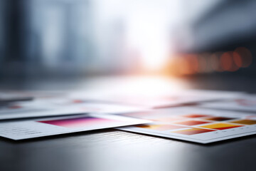 collection of financial documents scattered across desk featuring soft focus on foreground