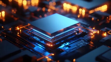 青いチップ搭載の抽象的な回路基板のクローズアップ