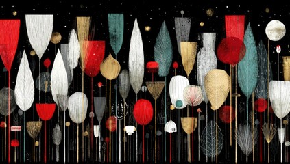 A vibrant array of stylized flora, in various shades of red, gold, teal, and white, against a deep black background, evokes a magical night scene.