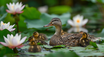 Fototapeta premium Mother duck and ducklings swim among pink water lilies