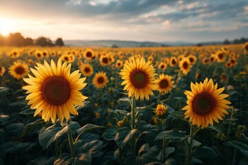 Sunflowers filling an agricultural field during golden hour at sunset