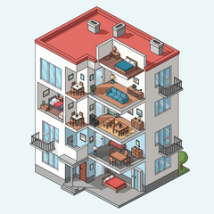 Explore a detailed isometric cutaway of a modern apartment building showcasing multiple living spaces and interior design elements