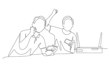 Friends playing mobile games are connected on the same network. Friends’ lan concept one-line drawing