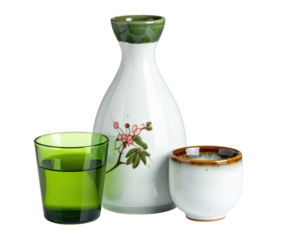 Ceramic sake set, light green cup,  white and green decanter, floral design