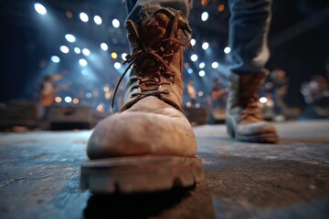Musician standing on stage with heavy boots during a live concert performance