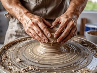 Potter shaping clay bowl with hands on pottery wheel in studio  