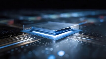 青色ライトの輝く集積回路チップクローズアップ