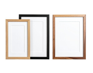 Three portrait-oriented picture frames in varying sizes and colors