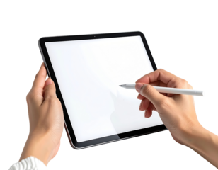 Hands hold a tablet with stylus, blank screen