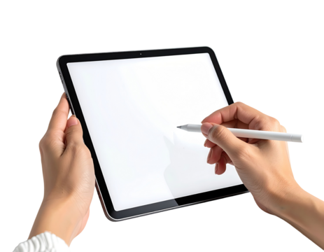 Hands hold a tablet with stylus, blank screen