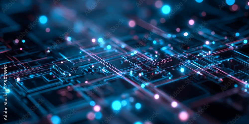 Wall mural abstract digital background with neon lights and geometric patterns for technology and science conce