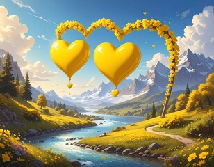 A Vivid Meadow Scene with Floating Yellow Hearts