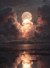 Full moon behind dramatic clouds over tranquil water