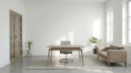 Minimal modern office background with clean white walls and soft natural lighting. A high-resolution, blurred depth of field composition creates a professional, versatile backdrop ideal for business 