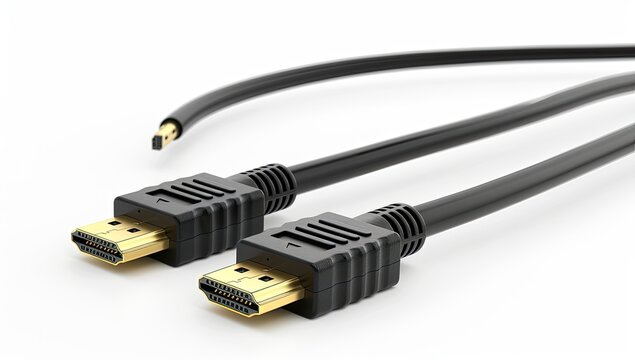 Two black HDMI cables with gold-plated connectors lie on a white background, angled slightly to the right, showcasing their flexible design and detailed connectors