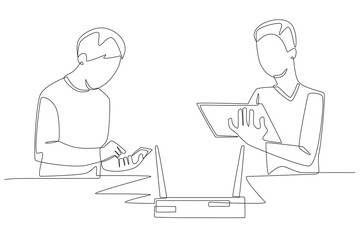 Friends playing smartphone connected on the same network. Friends’ lan concept one-line drawing