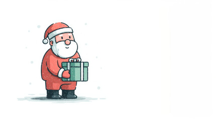 Cheerful Santa Claus holding gift box, dressed in red suit with snowy background