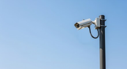 Surveillance CCTV Security Camera on Pole Against Clear Blue Sky, Concept of Safety, Monitoring, Protection and Urban Security System