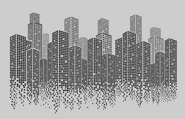 Fototapeta premium Modern city skyline silhouette with pixelated effect vector illustration isolated on transparent background