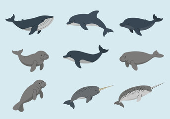 A cartoon array featuring whale dolphin manatee and narwhal illustrations on a light blue background