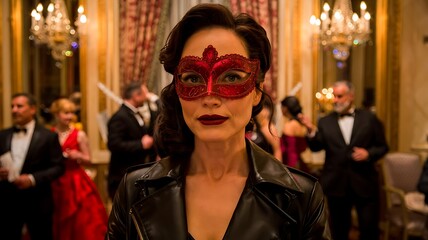 Elegant woman wearing a red masquerade mask and black jacket at a formal masked ball event with guests in the background