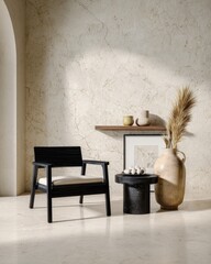 A modern, minimalist living room featuring a dark wooden armchair, a round side table, and a light beige stone wall.