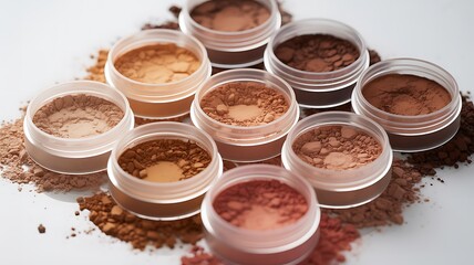 Collection of small clear jars filled with various shades of loose eyeshadow pigments and powders arranged on a white surface