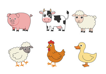Cartoon farm animals pig cow sheep chicken and duck stand against a white background