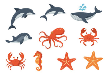 Cartoon illustration of various sea creatures on a white background