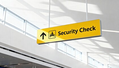 A yellow sign indicating 'Security Check' hangs from the ceiling in an airport terminal. The background features modern architecture and bright lighting.