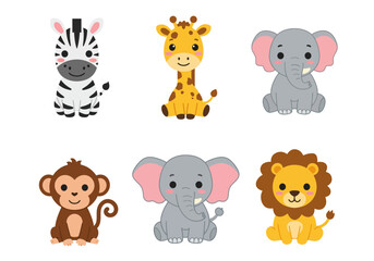 Collection of six cartoon animal illustrations in a playful childfriendly style