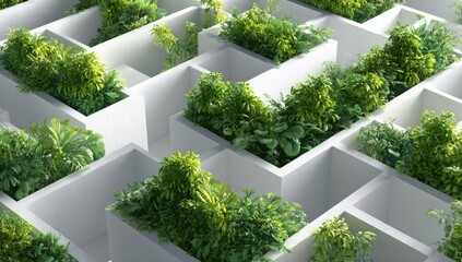 Atop-down view of a geometric arrangement of lush green plants nestled within a grid of pristine white cubic containers