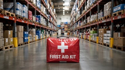 Bright red first aid kit with white cross and text sits prominently in the center of a vast warehouse aisle filled with stacked shelves of goods